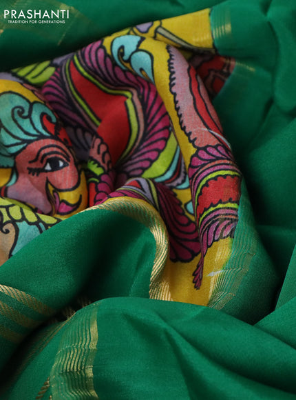 Pure mysore silk saree yellow and green with kalamkari digital prints and long zari woven border