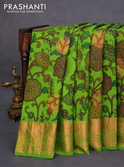 Pure kanchipuram silk saree light green with allover pen kalamkari prints & zari buttas and copper zari woven border