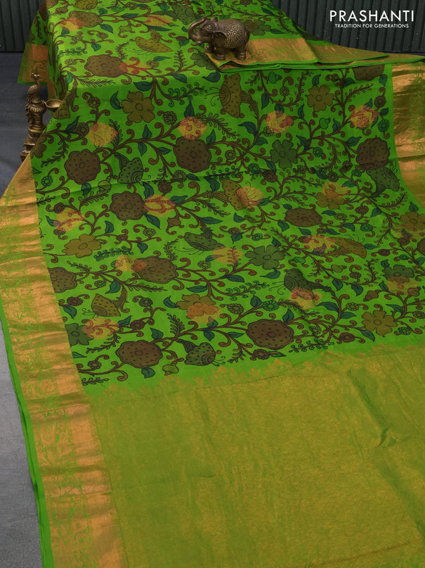 Pure kanchipuram silk saree light green with allover pen kalamkari prints & zari buttas and copper zari woven border