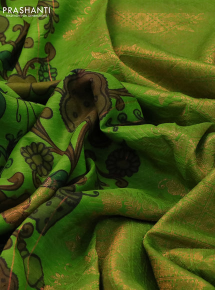 Pure kanchipuram silk saree light green with allover pen kalamkari prints & zari buttas and copper zari woven border