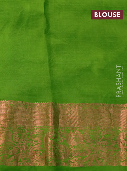Pure kanchipuram silk saree light green with allover pen kalamkari prints & zari buttas and copper zari woven border