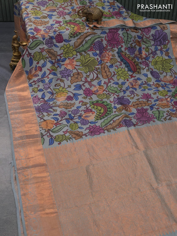 Pure kanchipuram silk saree grey shade with allover pen kalamkari prints & zari buttas and copper zari woven border