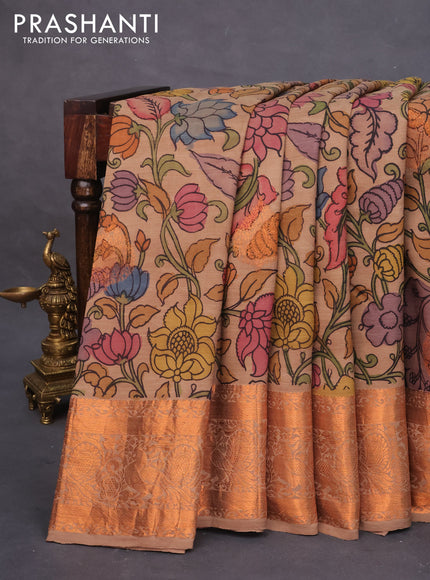 Pure kanchipuram silk saree brown shade with allover pen kalamkari prints & zari buttas and copper zari woven border