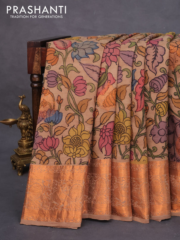 Pure kanchipuram silk saree brown shade with allover pen kalamkari prints & zari buttas and copper zari woven border