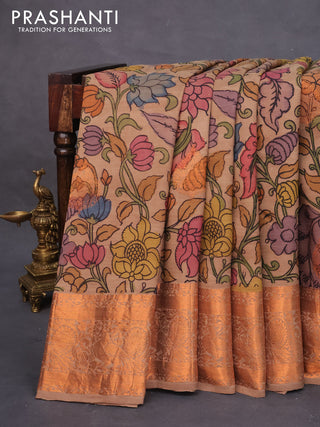 Pure kanchipuram silk saree brown shade with allover pen kalamkari prints & zari buttas and copper zari woven border