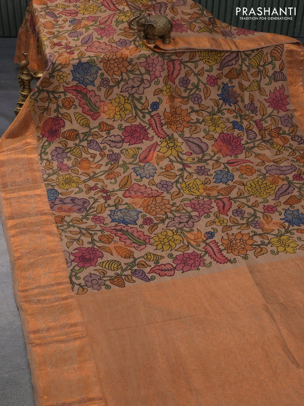 Pure kanchipuram silk saree brown shade with allover pen kalamkari prints & zari buttas and copper zari woven border