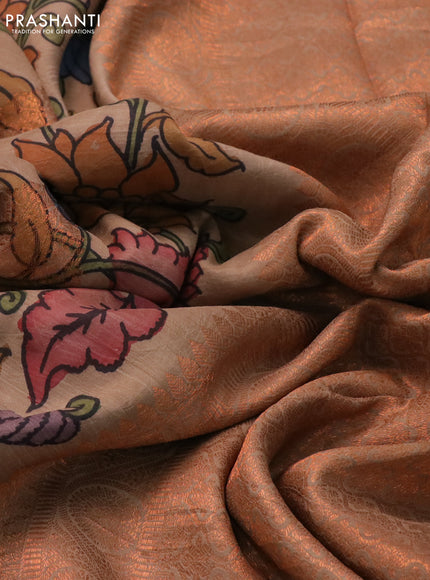 Pure kanchipuram silk saree brown shade with allover pen kalamkari prints & zari buttas and copper zari woven border