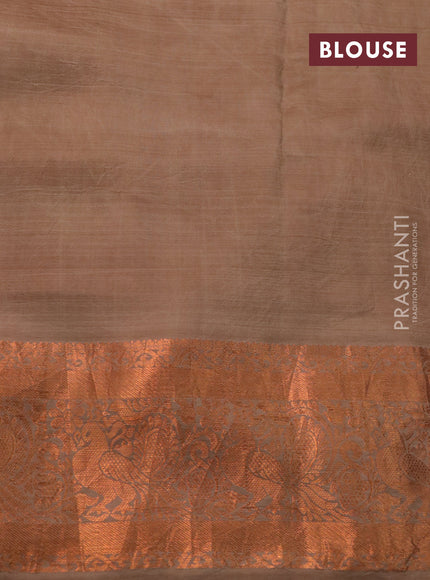 Pure kanchipuram silk saree brown shade with allover pen kalamkari prints & zari buttas and copper zari woven border