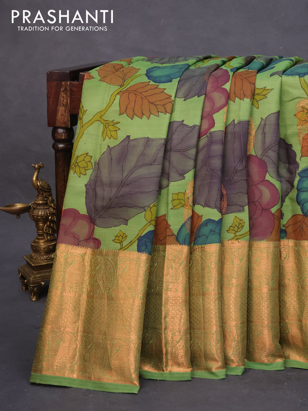 Pure kanchipuram silk saree green with allover pen kalamkari prints and copper zari woven border