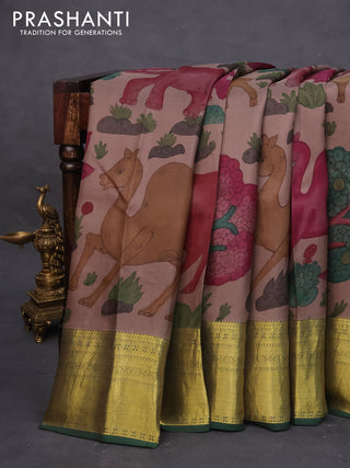 Pure kanchipuram silk saree brown shade and green with allover pen kalamkari prints and zari woven border
