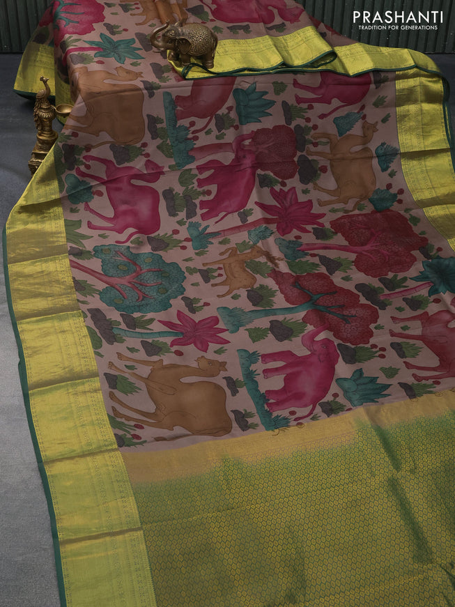 Pure kanchipuram silk saree brown shade and green with allover pen kalamkari prints and zari woven border