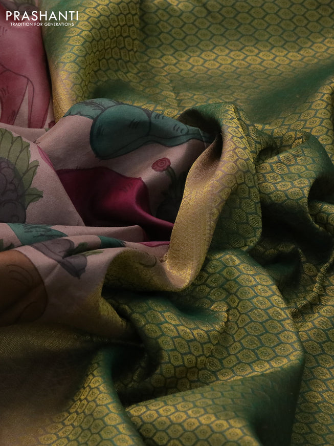 Pure kanchipuram silk saree brown shade and green with allover pen kalamkari prints and zari woven border