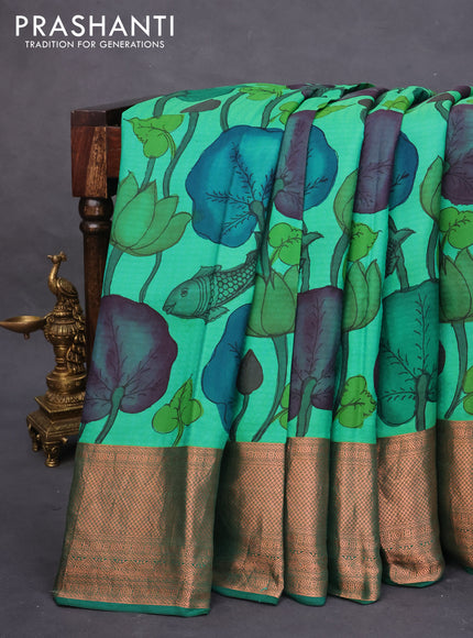 Pure kanchipuram silk saree green with pen kalamkari prints & self emboss and copper zari woven border