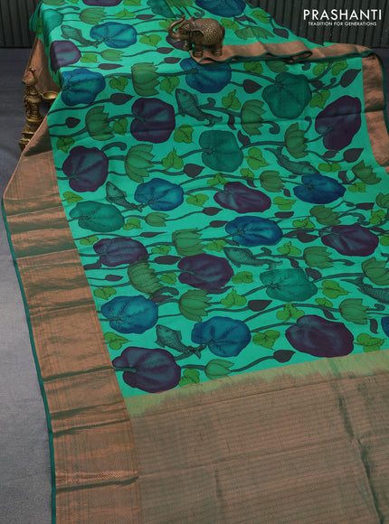 Pure kanchipuram silk saree green with pen kalamkari prints & self emboss and copper zari woven border