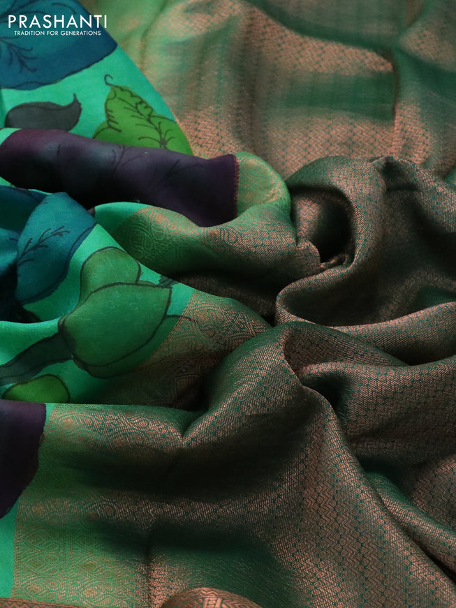 Pure kanchipuram silk saree green with pen kalamkari prints & self emboss and copper zari woven border