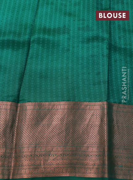 Pure kanchipuram silk saree green with pen kalamkari prints & self emboss and copper zari woven border