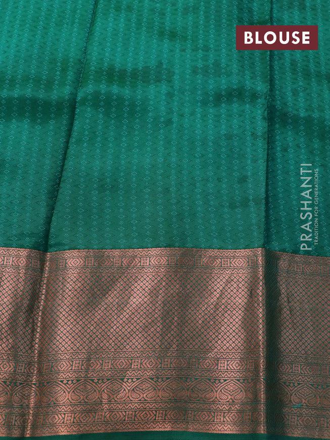 Pure kanchipuram silk saree green with pen kalamkari prints & self emboss and copper zari woven border