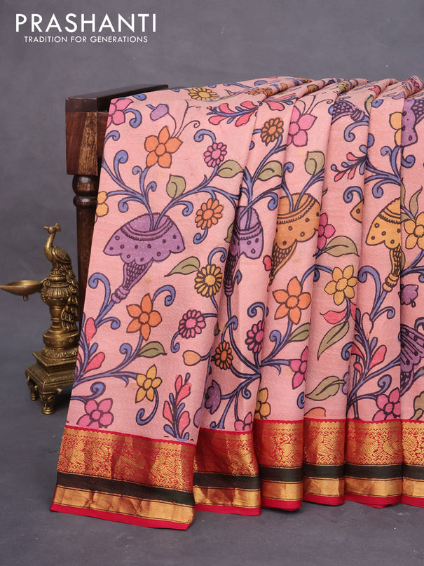 Pure kanchipuram silk saree peach pink and pink with allover pen kalamkari prints & zari buttas and zari woven border