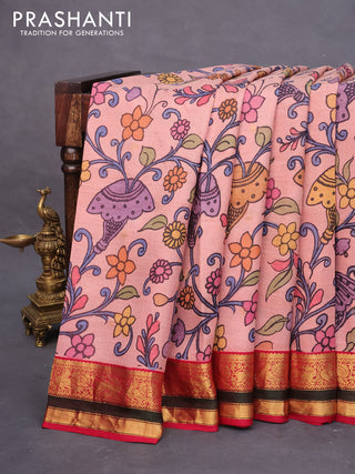 Pure kanchipuram silk saree peach pink and pink with allover pen kalamkari prints & zari buttas and zari woven border
