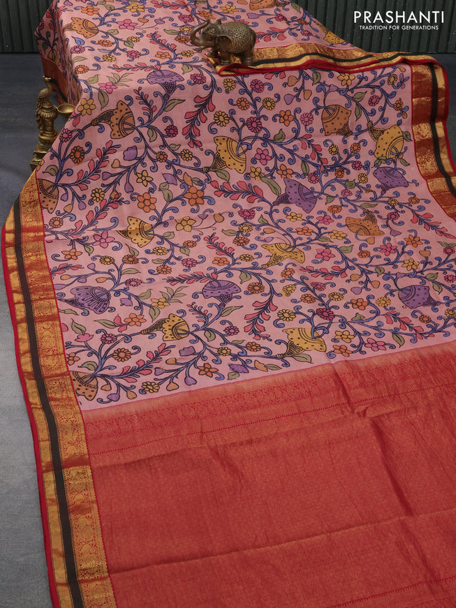 Pure kanchipuram silk saree peach pink and pink with allover pen kalamkari prints & zari buttas and zari woven border