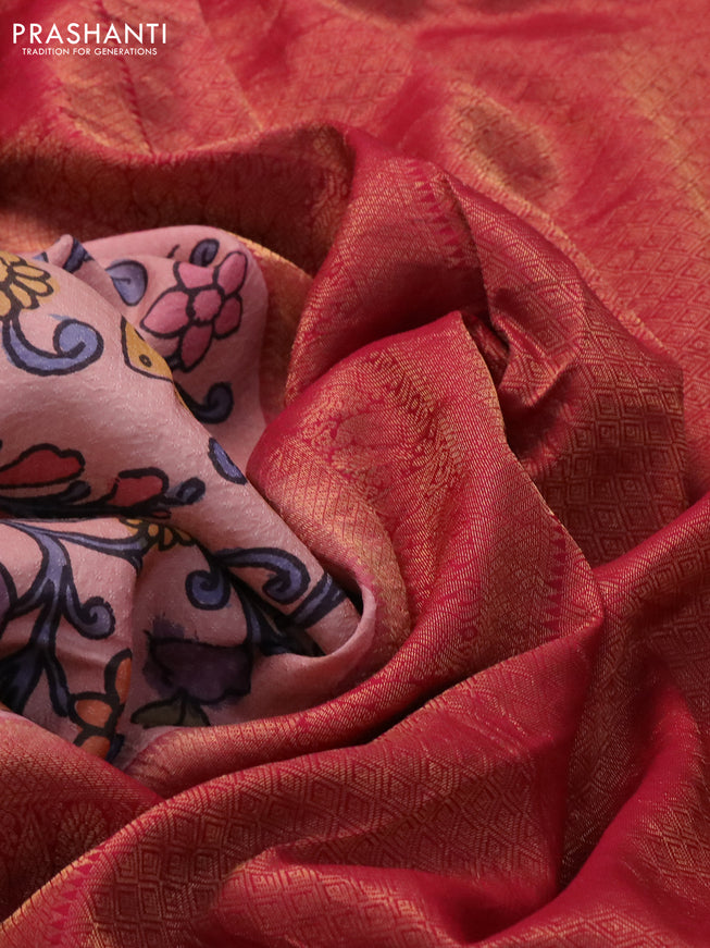 Pure kanchipuram silk saree peach pink and pink with allover pen kalamkari prints & zari buttas and zari woven border