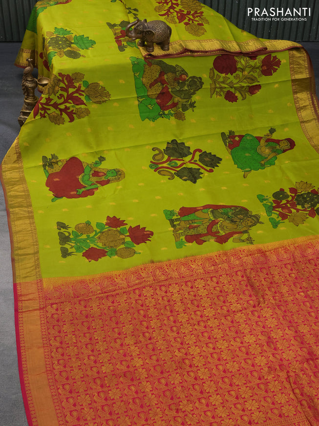 Pure kanchipuram silk saree light green and pink with allover pen kalamkari prints & zari buttas and zari woven border