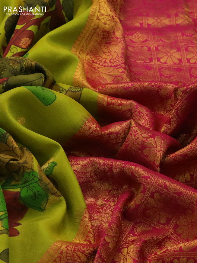Pure kanchipuram silk saree light green and pink with allover pen kalamkari prints & zari buttas and zari woven border