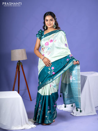 Semi tussar saree pista green and peacock green with allover zari buttas & flotal digital prints and zari woven border