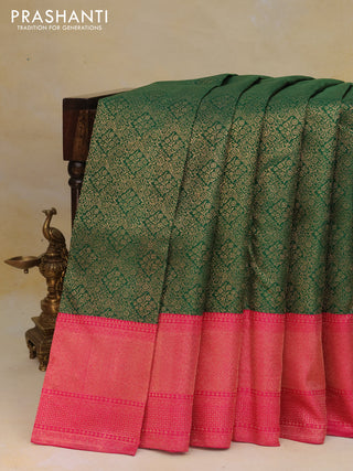 Pure kanchipuram silk saree green and pink with allover zari woven brocade weaves and zari woven border