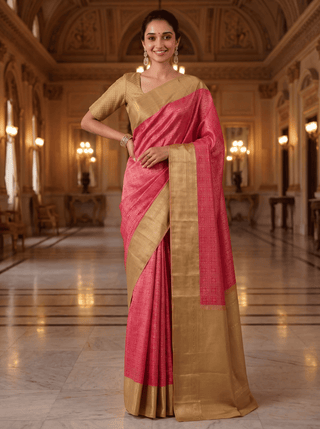 Pure kanchipuram silk saree dual shade of pink and sandal with allover zari woven brocade weaves and zari woven border