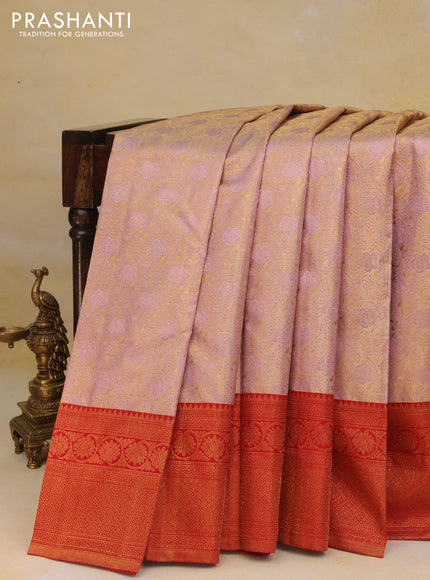 Pure kanchipuram tissue silk saree pastel lavender and red with allover zari woven brocade weaves and zari woven border