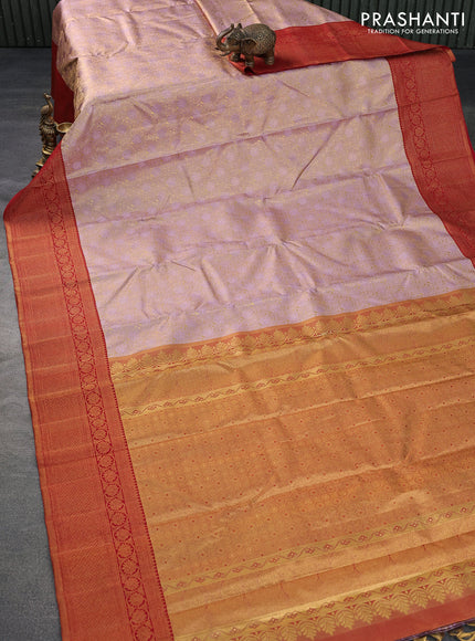 Pure kanchipuram tissue silk saree pastel lavender and red with allover zari woven brocade weaves and zari woven border