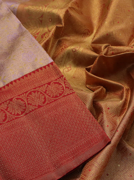 Pure kanchipuram tissue silk saree pastel lavender and red with allover zari woven brocade weaves and zari woven border