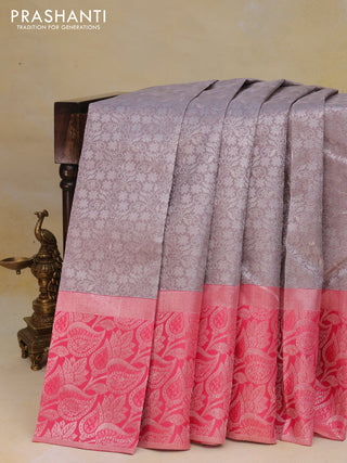 Pure kanchipuram silk saree grey shade and pink with allover silver zari woven brocade weaves and long silver zari woven border
