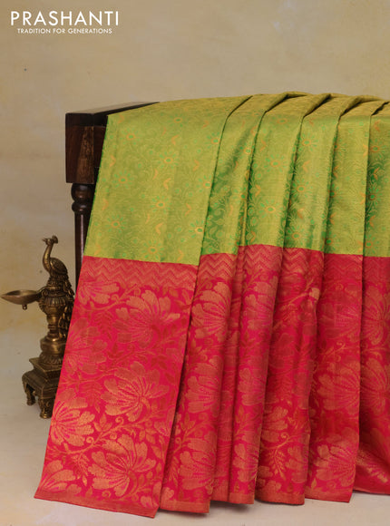 Pure kanchipuram tissue silk saree light green and pink with allover zari woven brocade weaves and long zari woven border