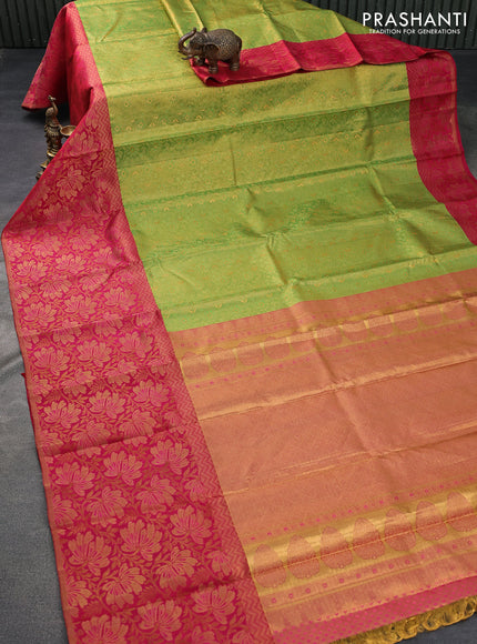 Pure kanchipuram tissue silk saree light green and pink with allover zari woven brocade weaves and long zari woven border