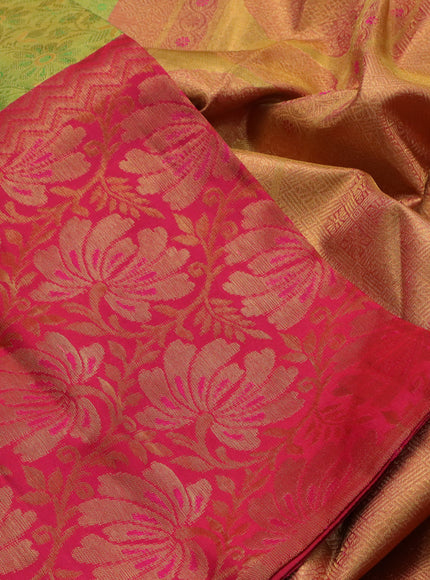 Pure kanchipuram tissue silk saree light green and pink with allover zari woven brocade weaves and long zari woven border