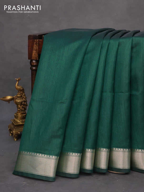 Semi dupion saree green and beige with plain body and printed pallu