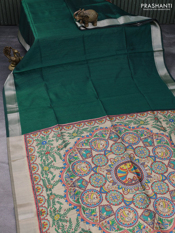 Semi dupion saree green and beige with plain body and printed pallu