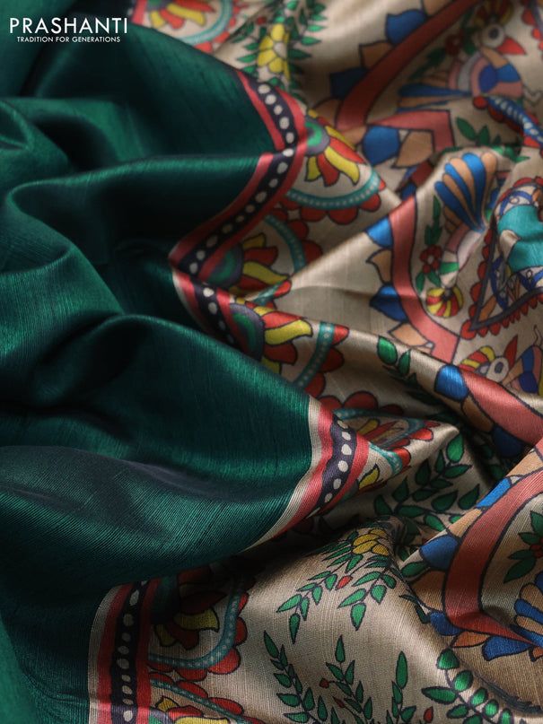 Semi dupion saree green and beige with plain body and printed pallu