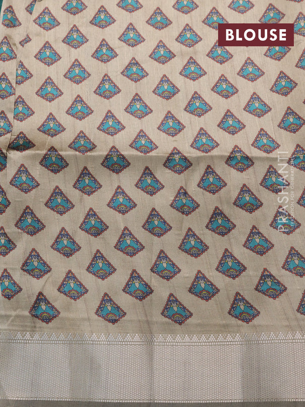 Semi dupion saree green and beige with plain body and printed pallu