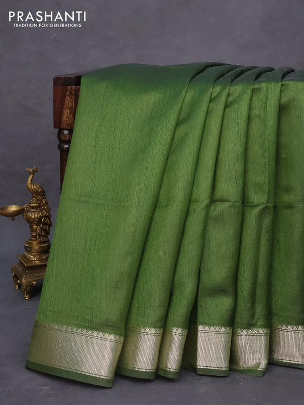 Semi dupion saree sap green and beige with plain body and printed pallu