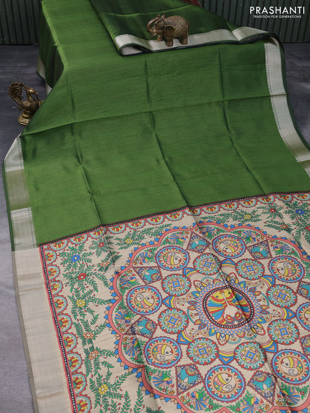 Semi dupion saree sap green and beige with plain body and printed pallu