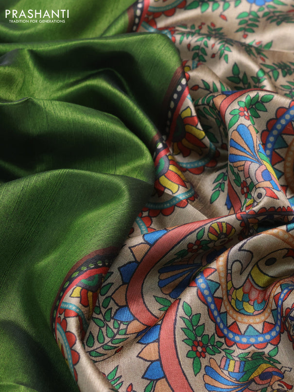 Semi dupion saree sap green and beige with plain body and printed pallu