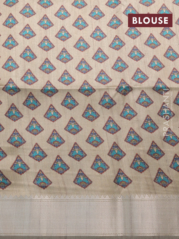 Semi dupion saree sap green and beige with plain body and printed pallu