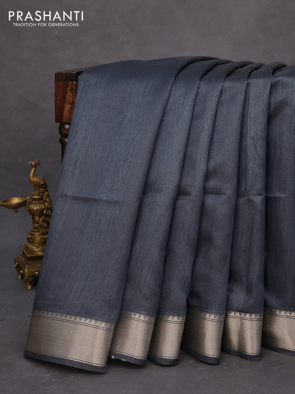 Semi dupion saree elephant grey and beige with plain body and printed pallu