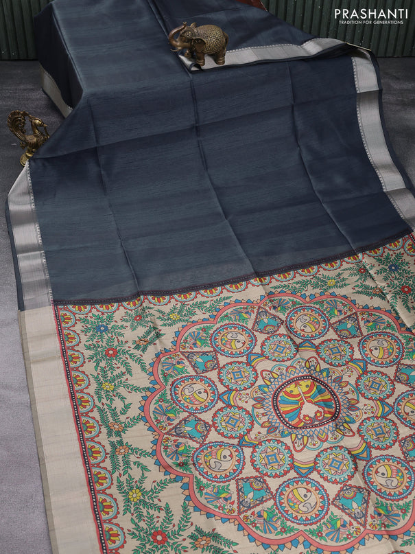 Semi dupion saree elephant grey and beige with plain body and printed pallu