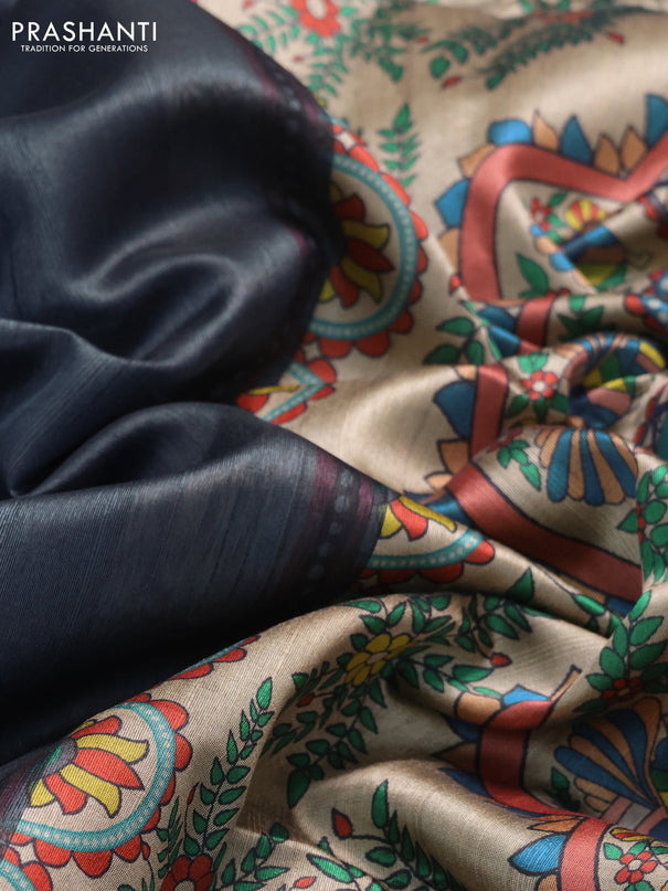 Semi dupion saree elephant grey and beige with plain body and printed pallu