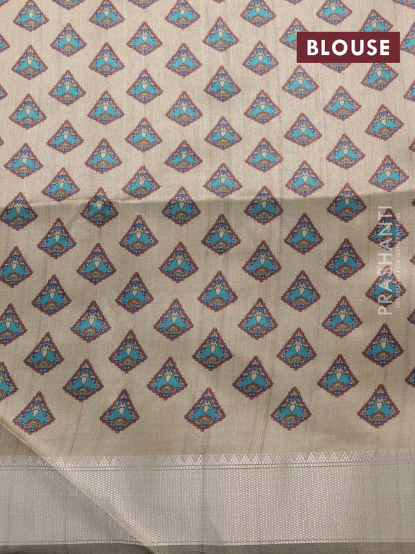 Semi dupion saree elephant grey and beige with plain body and printed pallu