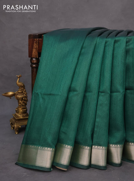 Semi dupion saree green and beige with plain body and printed pallu